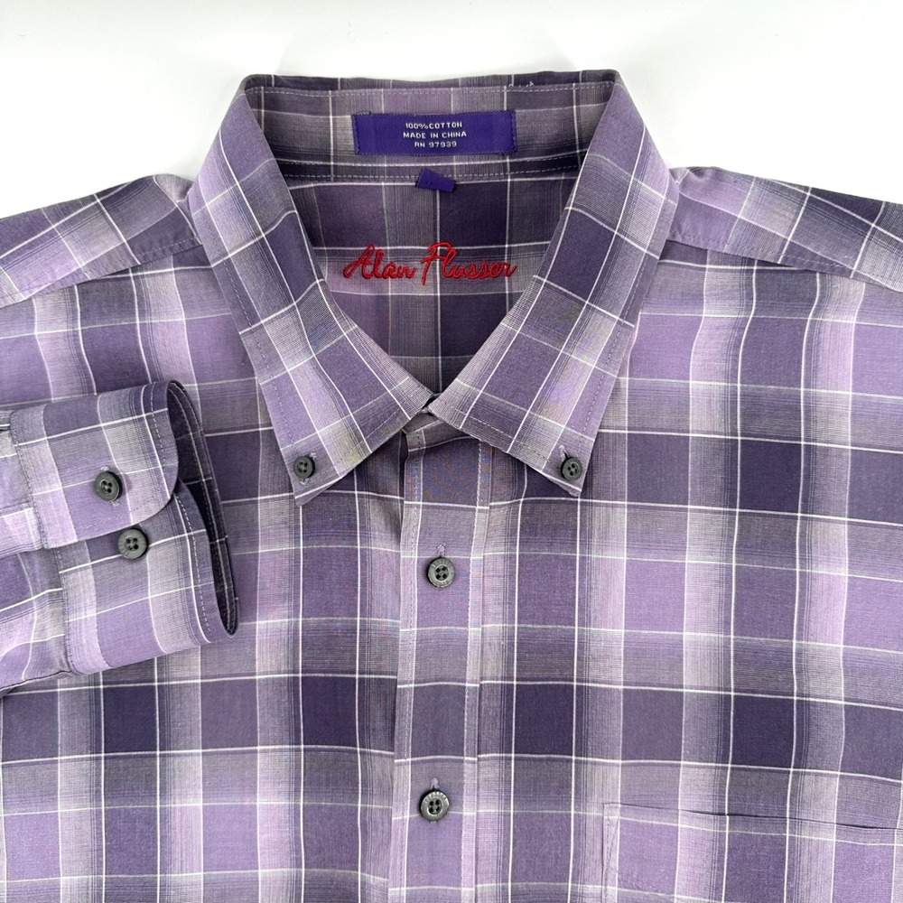 Alan Flusser Mens Purple Plaid Button Down Shirt Long Sleeve Cotton Large L